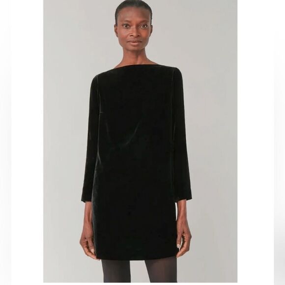 COS Womens Dress Sz 8  Black Velvet Boat Neck Long Sleeve Pockets Minimalist NWT - Picture 2 of 15